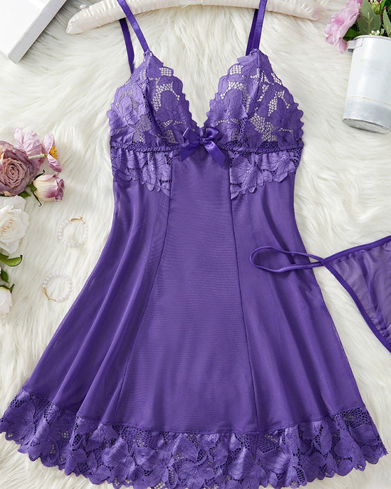 Solid Color V-Neck Lace Lingerie