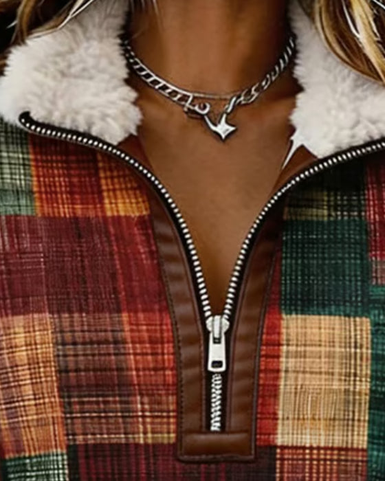 Lapel Zipper Plaid Contrast Sweatshirt