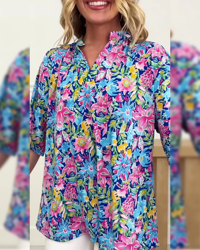 Tropical Floral Short-Sleeved Top