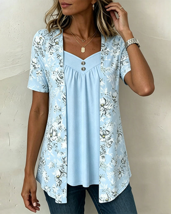 Floral Print Faux Two-Piece T-Shirt