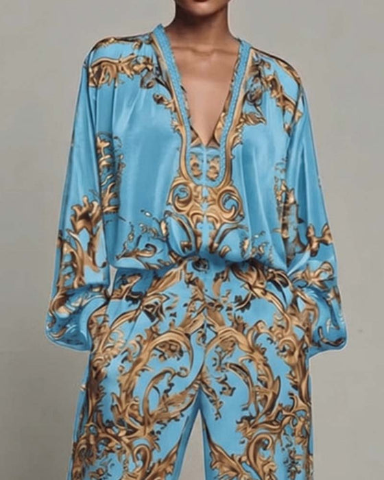 V-Neck Lantern Sleeve Wide Leg Pant Set