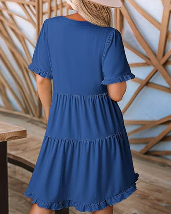 Ruffle Trim V-Neck Tiered Hem Dress