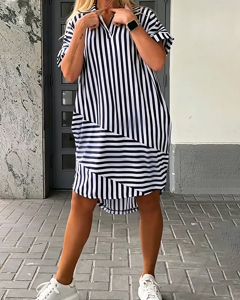 Lapel Neck Stripe Irregular Hem Dress
