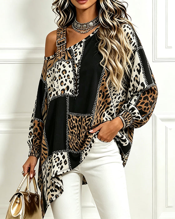 Leopard Print Patchwork Asymmetric Neck Long Sleeve Blouse
