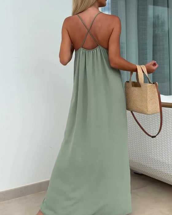 Round Neck Solid Color Suspender Dress