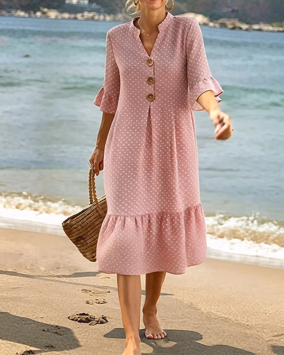 Polka Dot V-Neck Ruffle Sleeve Dress