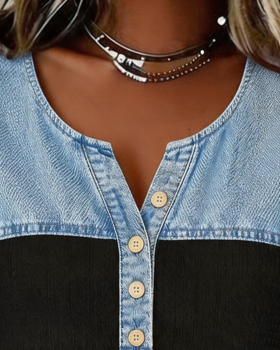 Denim Patchwork Short Sleeve Blouse