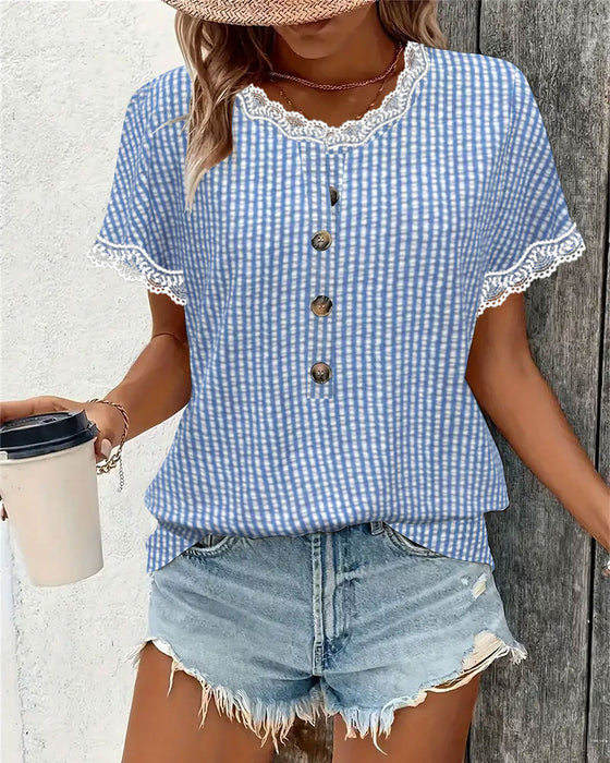 Round Neck Lace Patchwork Striped Blouse