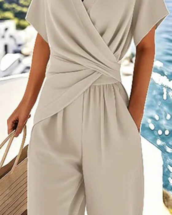 Solid Color Cross-Waist Design Two-Piece Set
