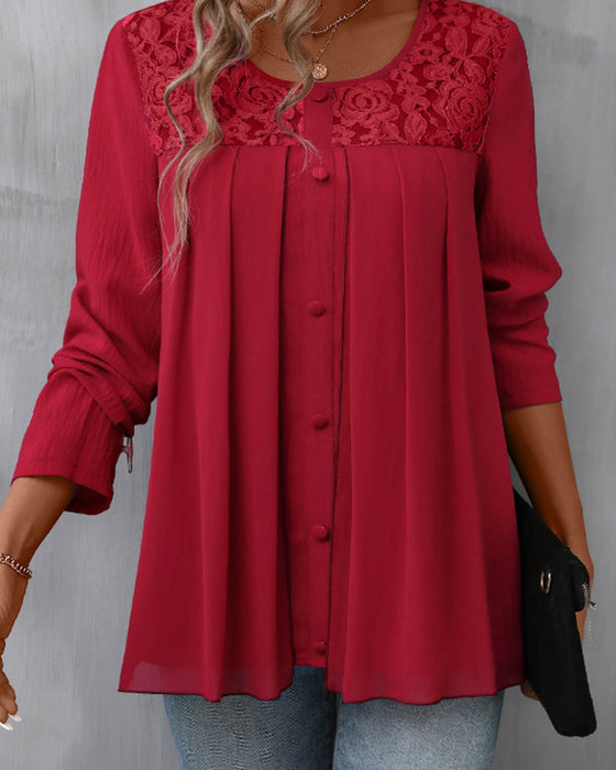 Elegant Button Lace Top with Round Neck