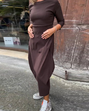 Simple solid color pocket long sleeve elegant dress