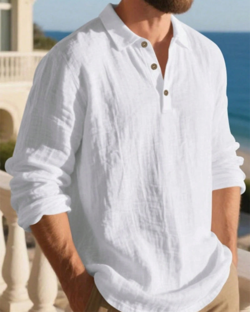Men's Lightweight Loose Linen Long Sleeve Polo Shirt