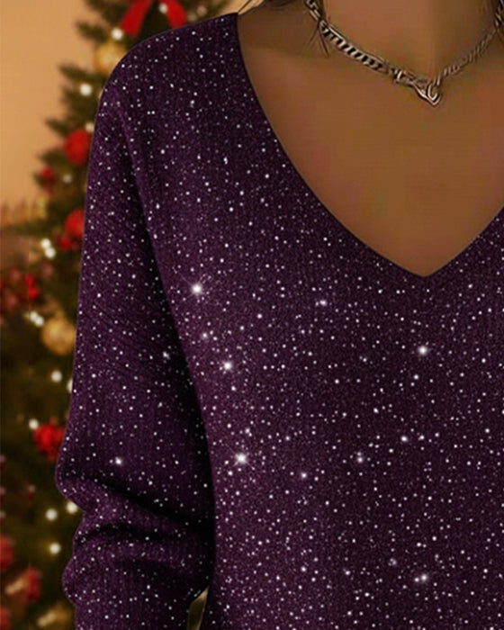 V-Neck Gold Thread Glitter Sweater