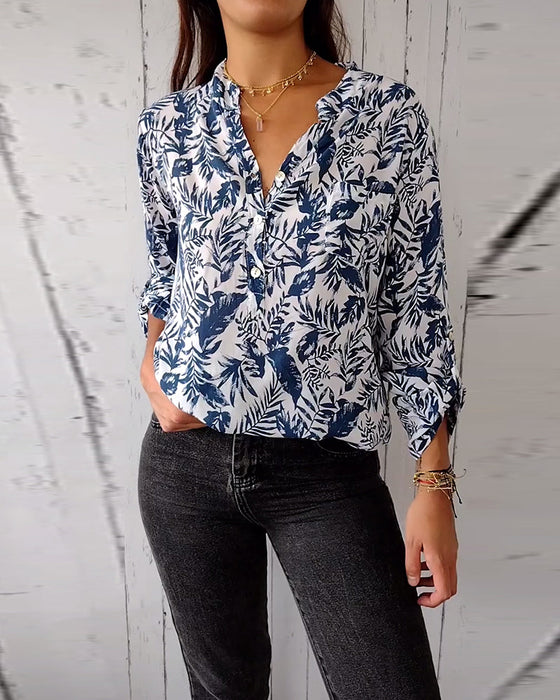 Leaf print V-neck buttoned nine-quarter sleeves casual blouse