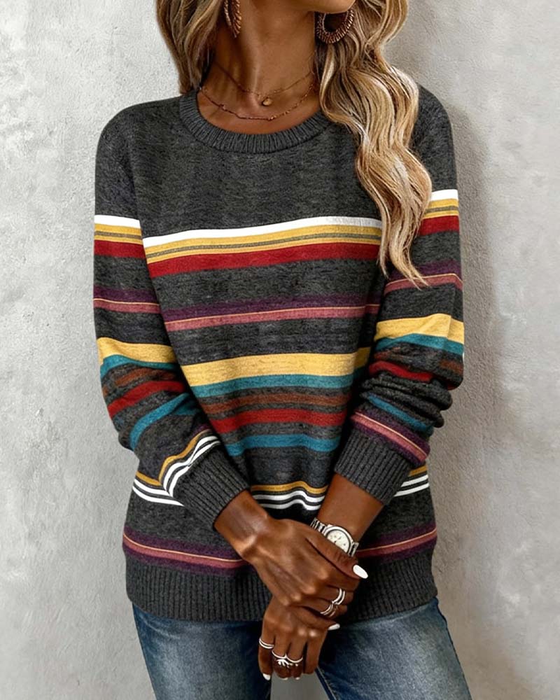 Crew Neck Rainbow Striped Sweatshirt