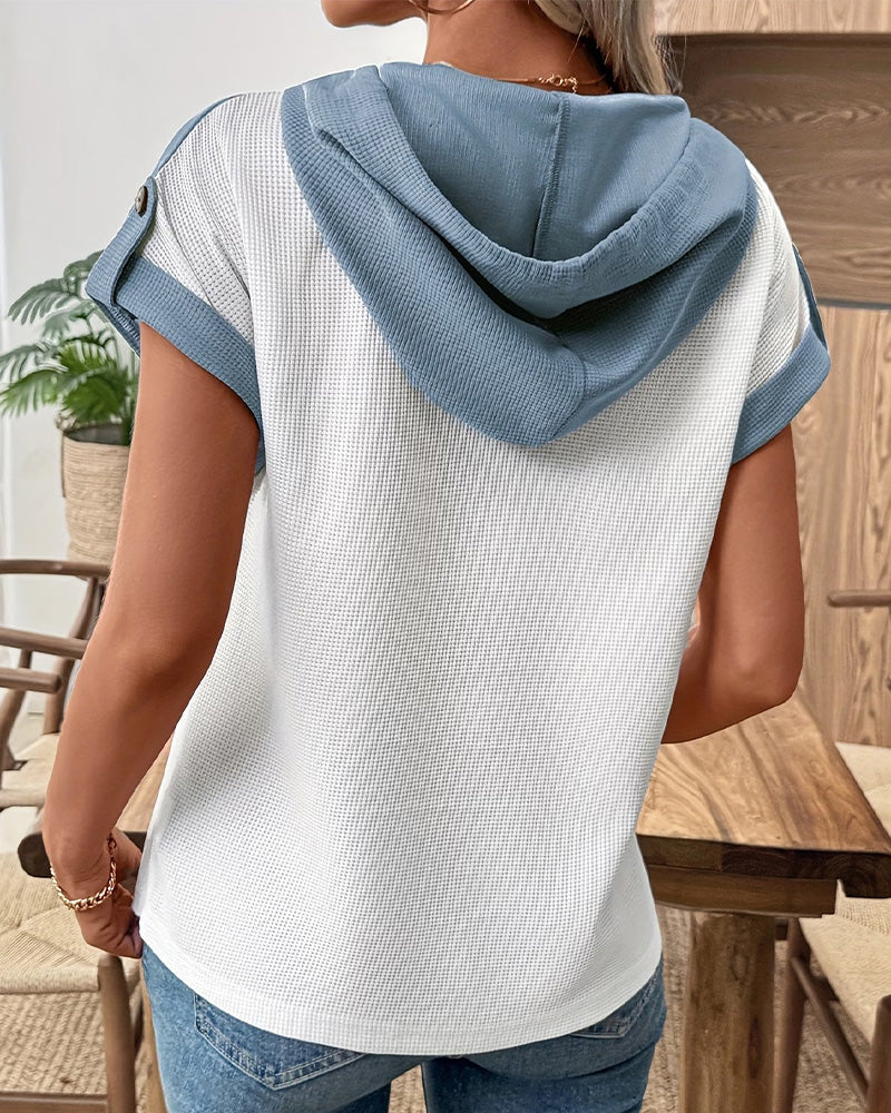 Hooded Waffle Color Block Top