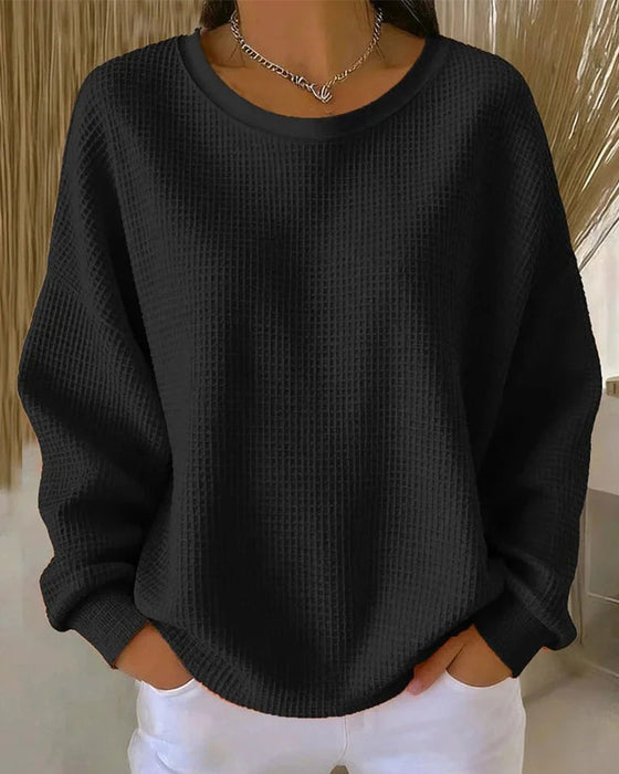 Solid Color Waffle Texture Pullover Sweatshirt