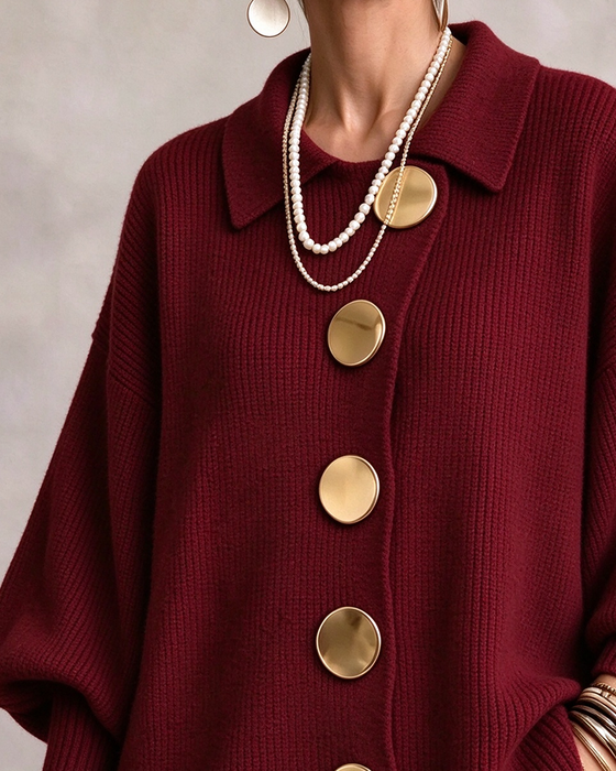 Large Metal Button Lapel Cardigan