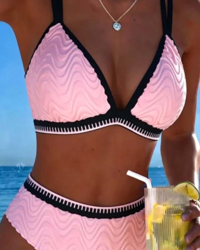 Color Block Double Strap Textured Bikini