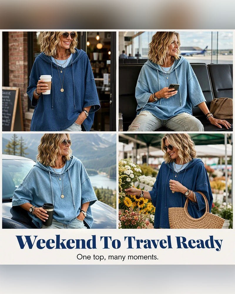 Hooded Drawstring Elbow-Length Sleeve Denim Hoodie