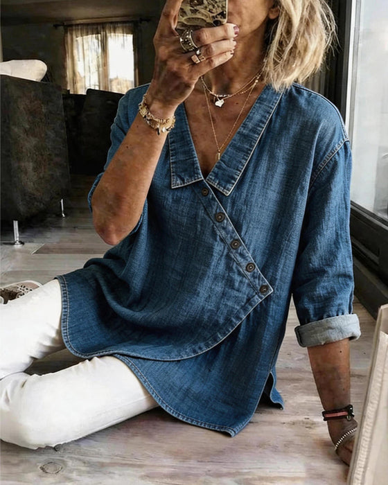 Solid Diagonal Button Lapel Long Sleeve Blouse