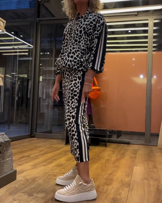 Leopard print striped skirt two-piece set