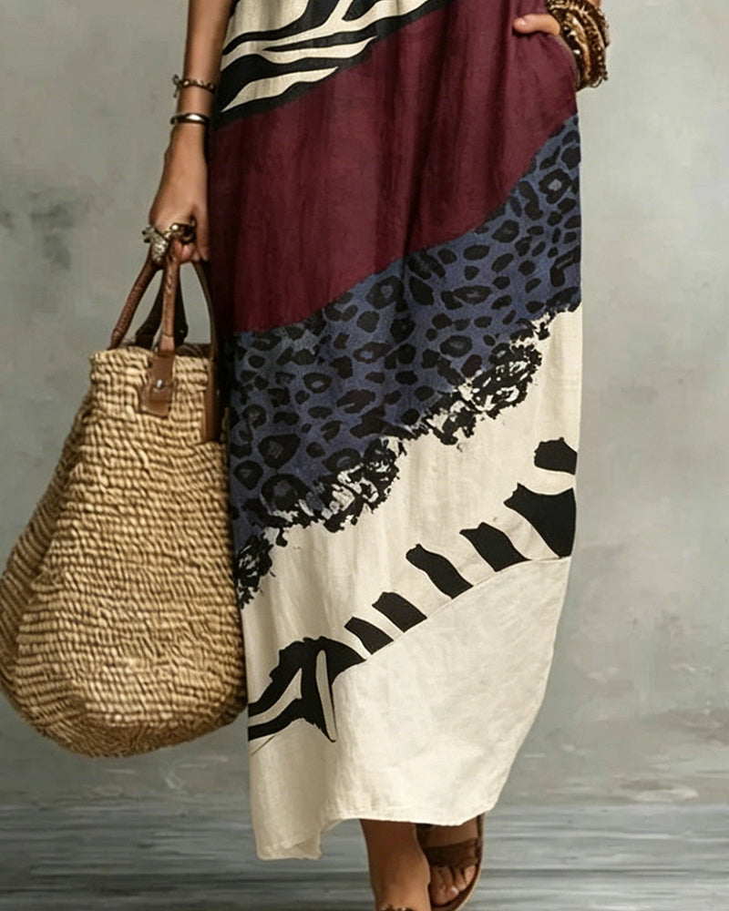 V-Neck Ruffle Pattern Patchwork Dress