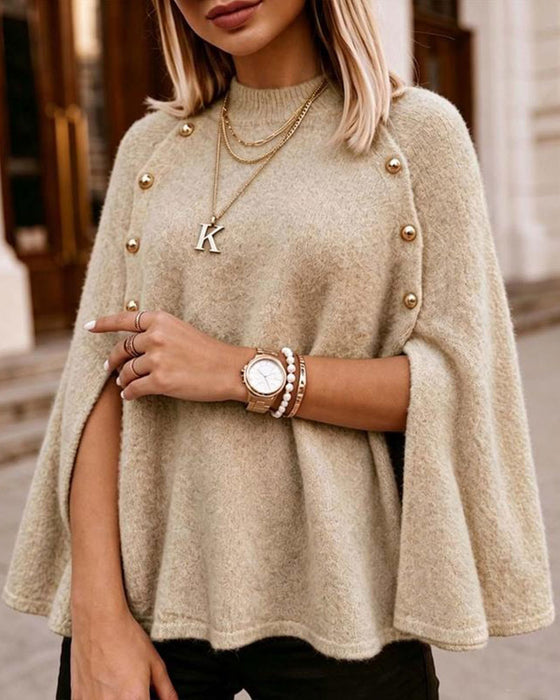 High Neck Buttoned Slit Pullover