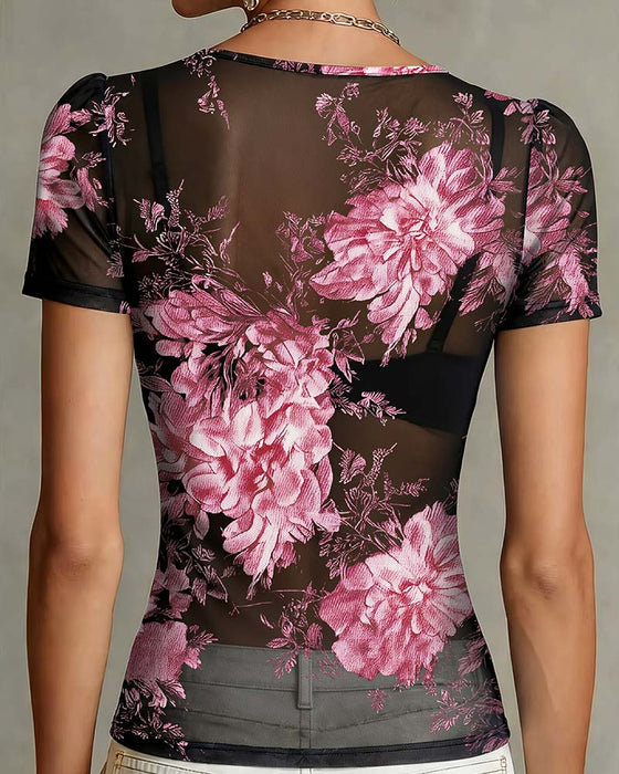 V-Neck Floral Short Sleeve T-Shirt