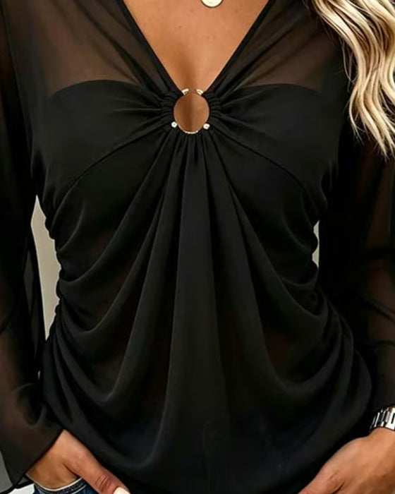V-Neck Metal Ring Twist Blouse