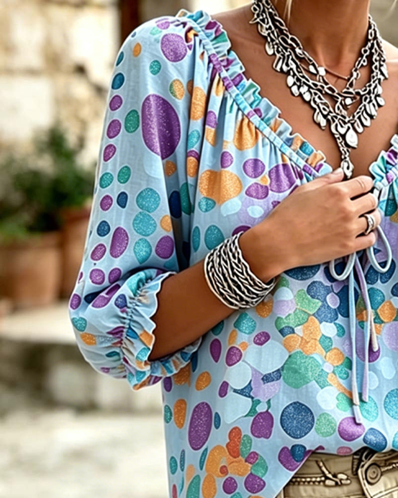 V-Neck Polka Dot Lace Up Blouse