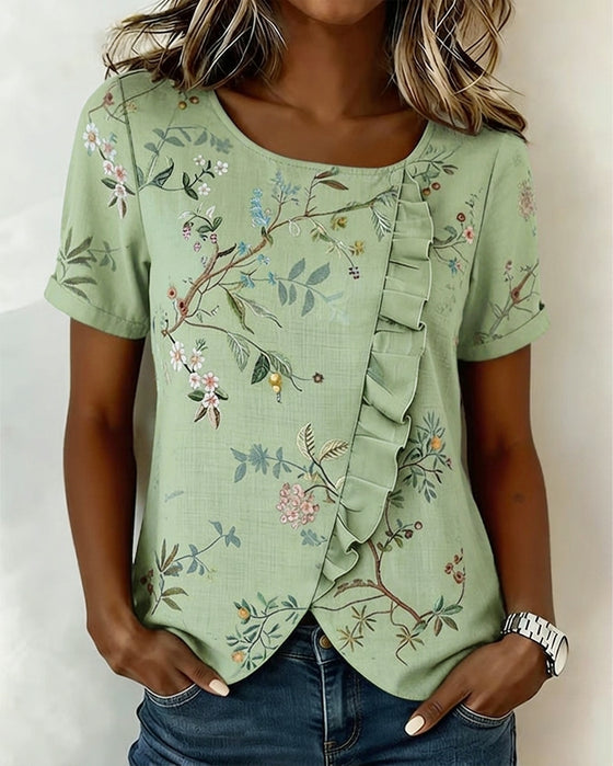 Crewneck Short Sleeve Ruffle Floral Blouse