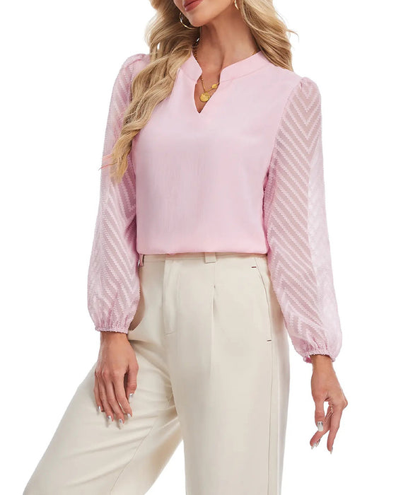Stand Collar Long Sleeve Textured Mesh Blouse
