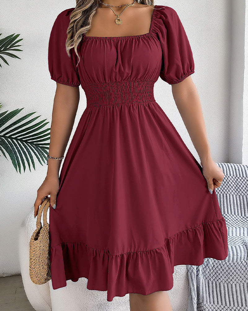 Square Neck Cinched Waist Ruffle A-Line Dress