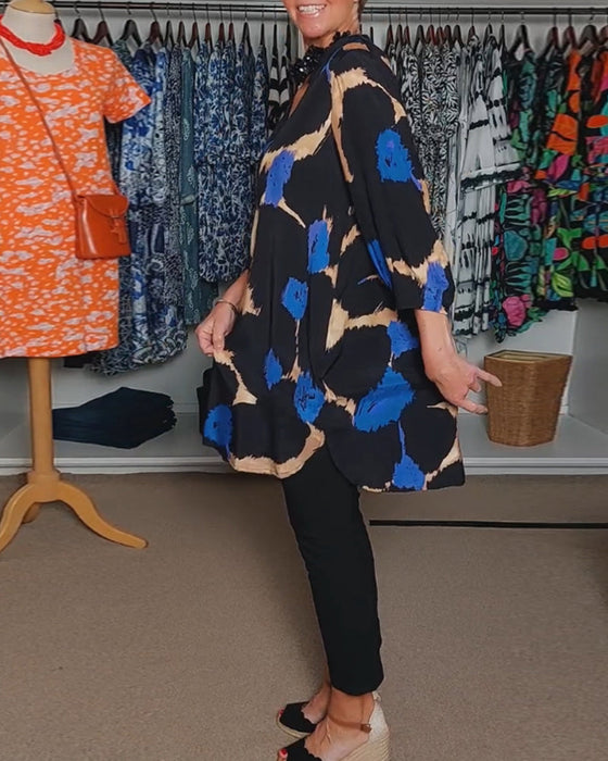 Contrast color print V-neck casual long-sleeve blouse