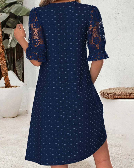 V-Neck Print Lace Patchwork A-Line Dress