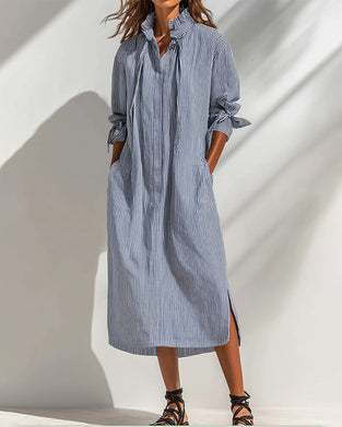 Casual Stand Collar Striped Slit Dress