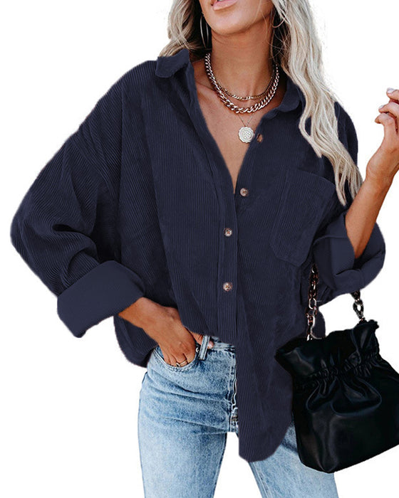 Solid Color Corduroy Pocket Blouse