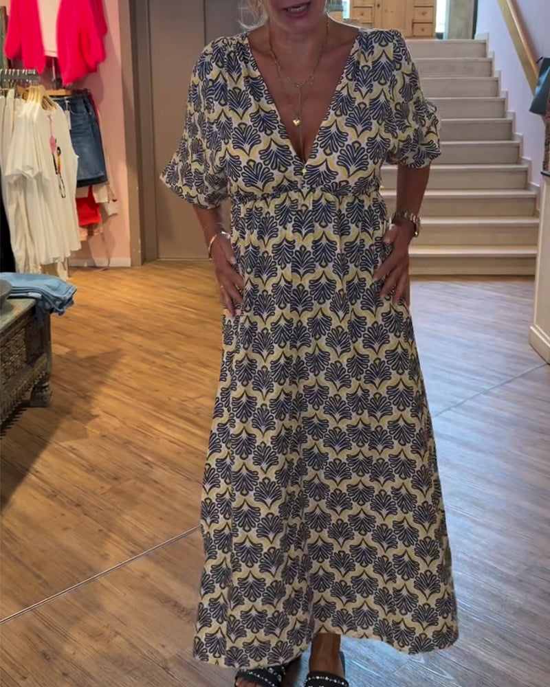 Vintage Deep V-Neck Floral Dress