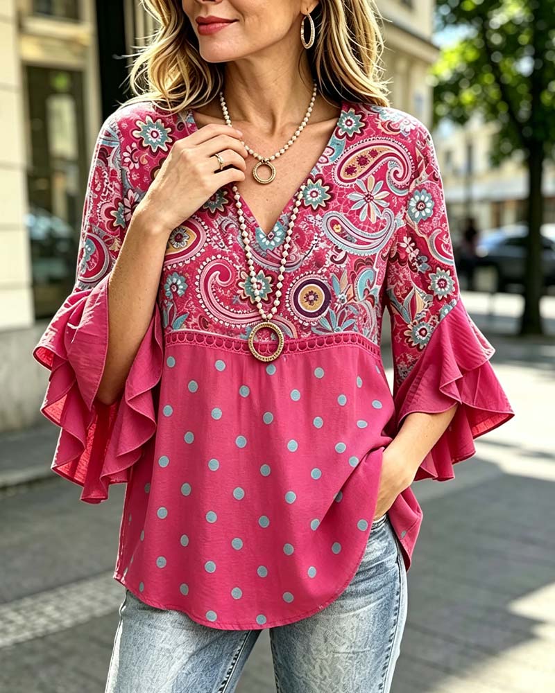 V-Neck Floral Polka Dot Ruffle Blouse