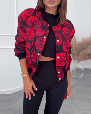 Rose print button casual jacket