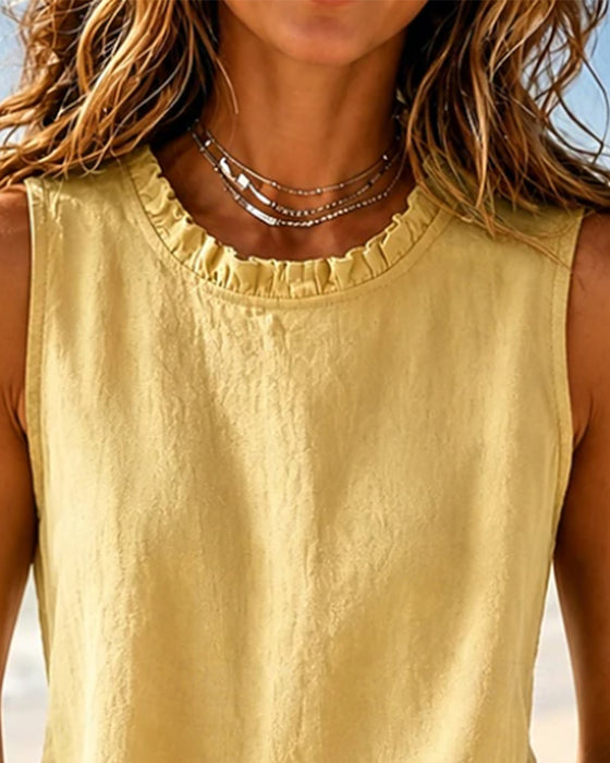 Solid Color Sleeveless Round Neck Lace Tank Top