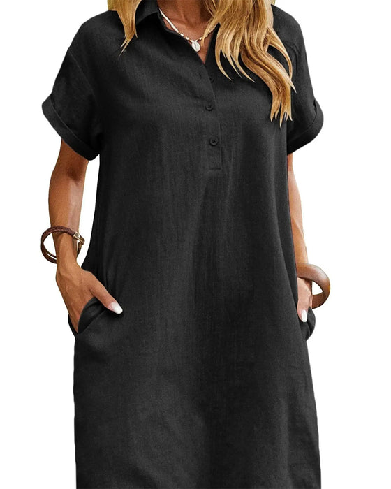 Lapel Button Split Short Sleeve Casual Dress