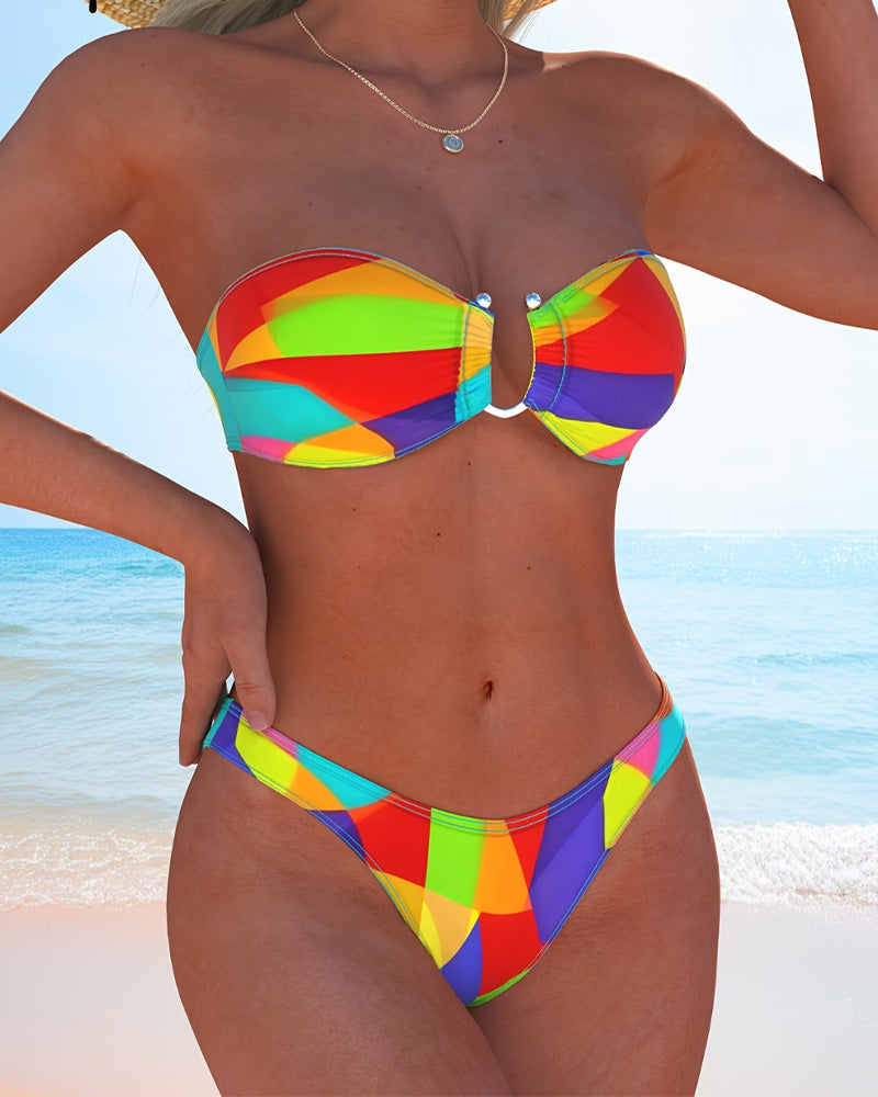 Colorful Geometric Print Bandeau Bikini