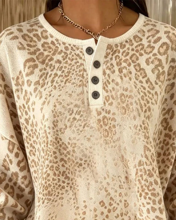 Leopard Print Round Neck Loose Fit Sweatshirt