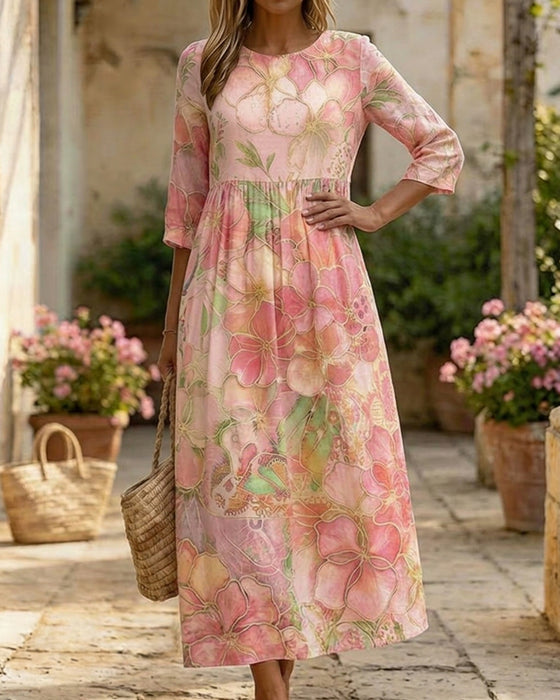 Watercolor Floral Three-Quarter Sleeve Full Skirt Maxi Dress