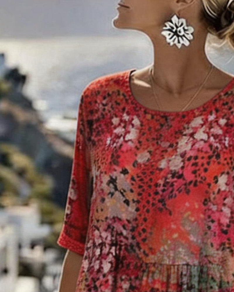 Polka Dot Print Crewneck Long Dress