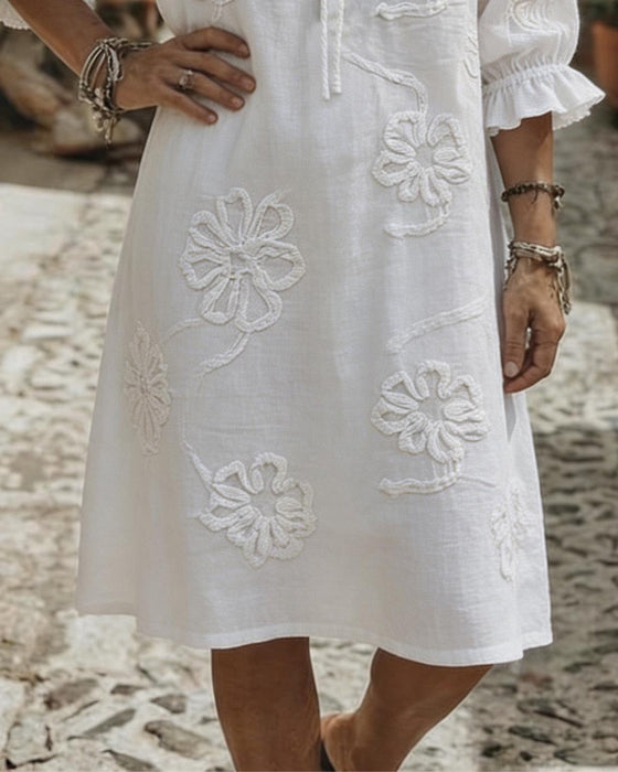 V-Neck Ruffle Tie 3D Floral Dresses