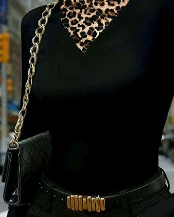 Mock Neck Leopard Patchwork Fitted Top