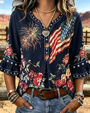 Printed Ruffle Sleeve Blouse